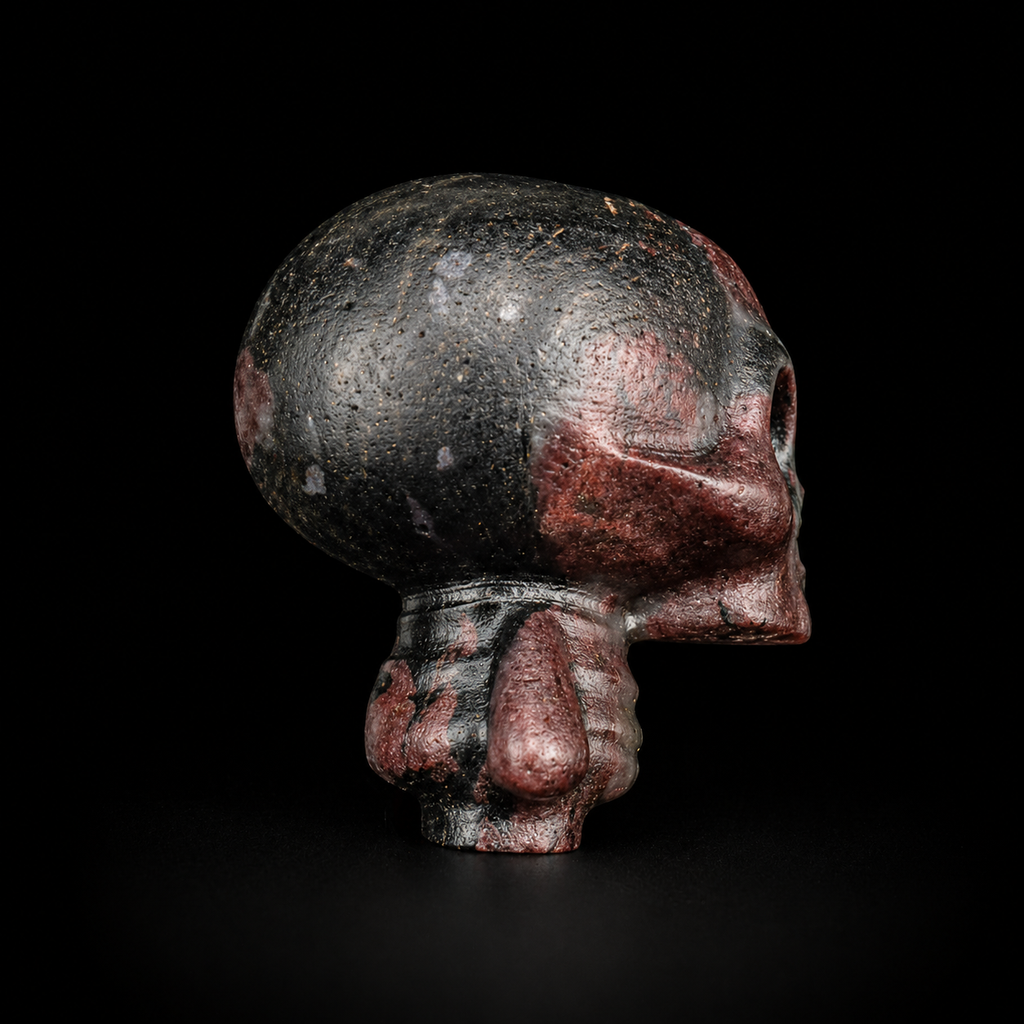 Garnet with astrophyllite skull figure side view showing dark rounded head, reddish tones and natural mineral texture

