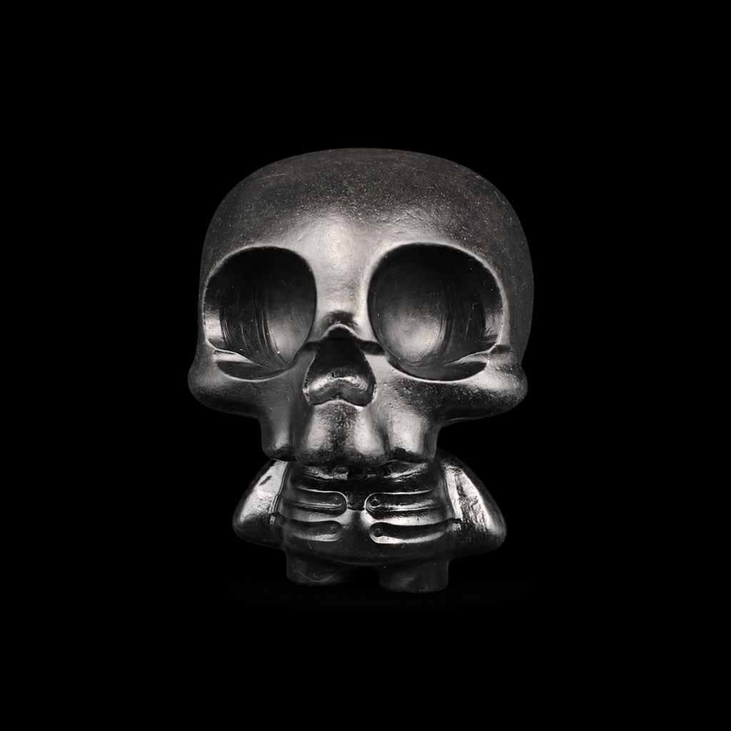 Black obsidian skull figure with large eye sockets, glossy black finish and carved skeleton body, front view