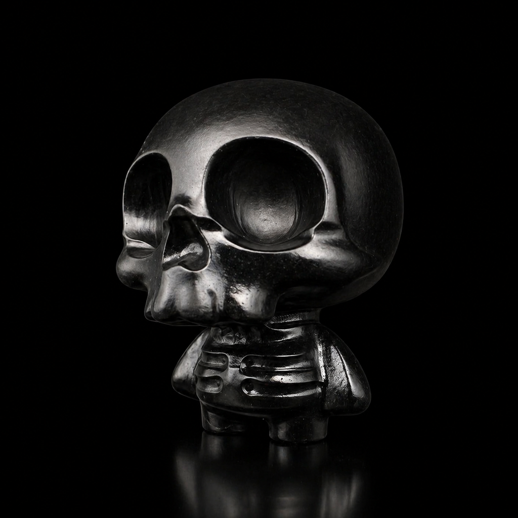 Black obsidian skull figure with glossy polished finish and detailed carved body, angled side view