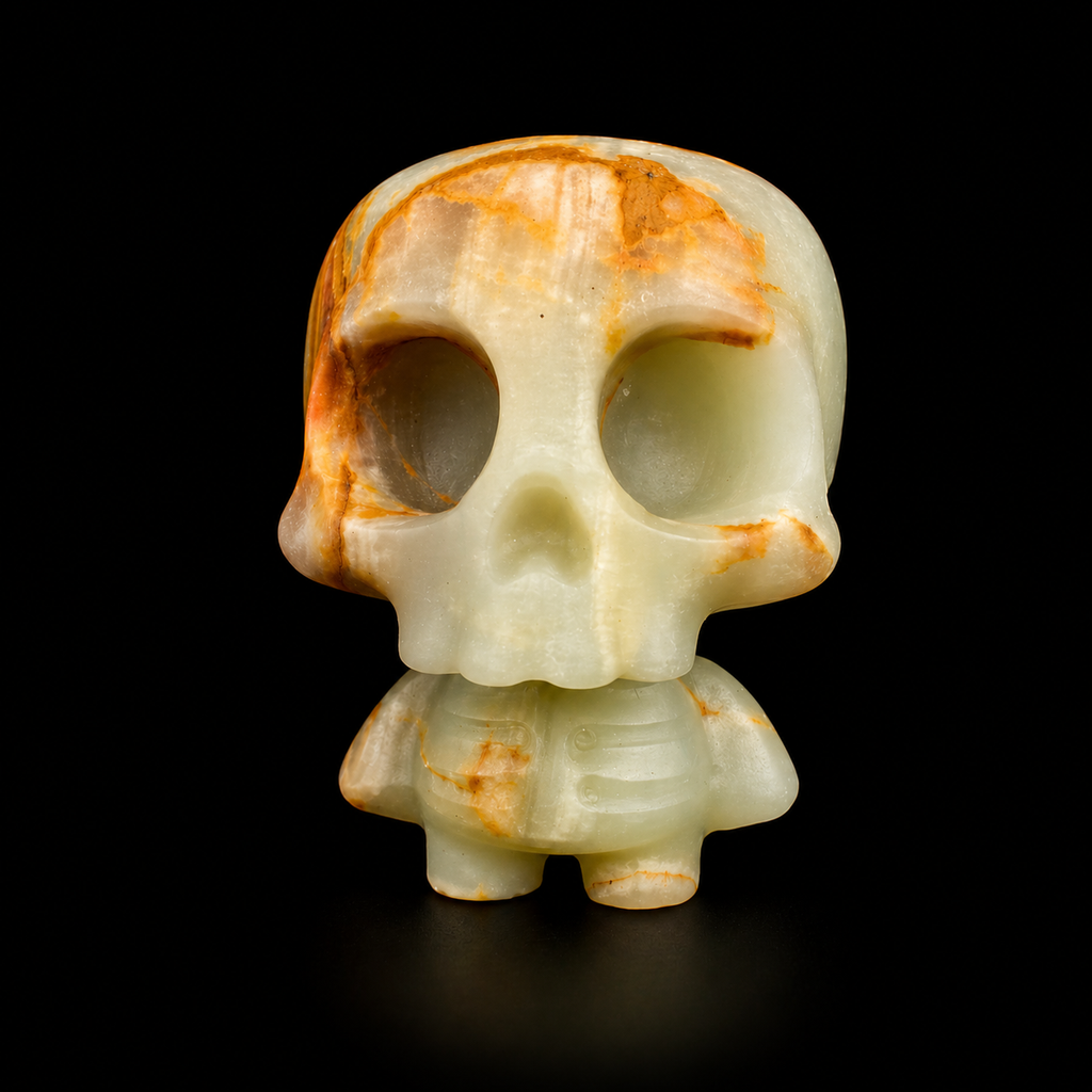Green banded onyx skull figure with pale green translucent stone and orange natural veining, front view
