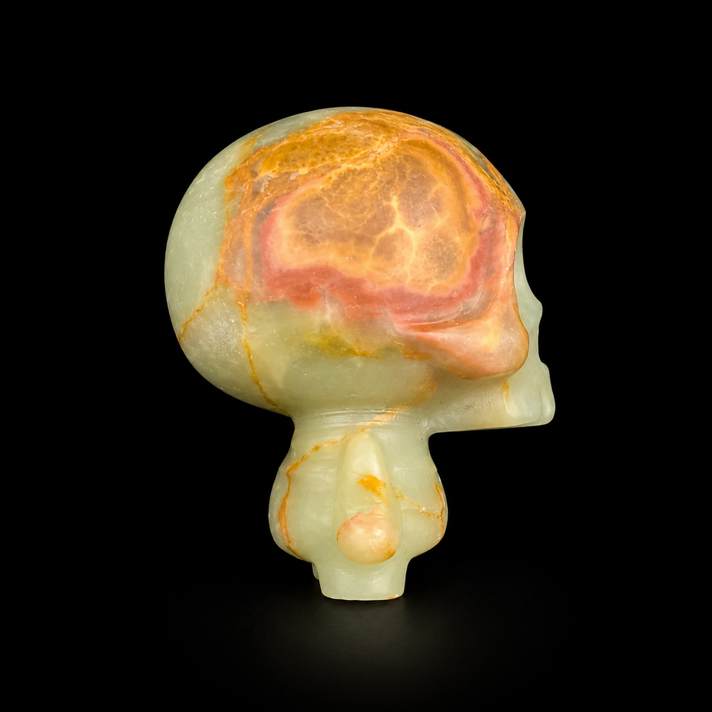 Green banded onyx skull figure side view showing orange and pinkish mineral veining across the head