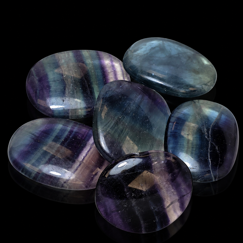 Polished banded fluorite flat palm stones grouped together, close-up view showing purple, blue-green and translucent colour bands with glossy finish