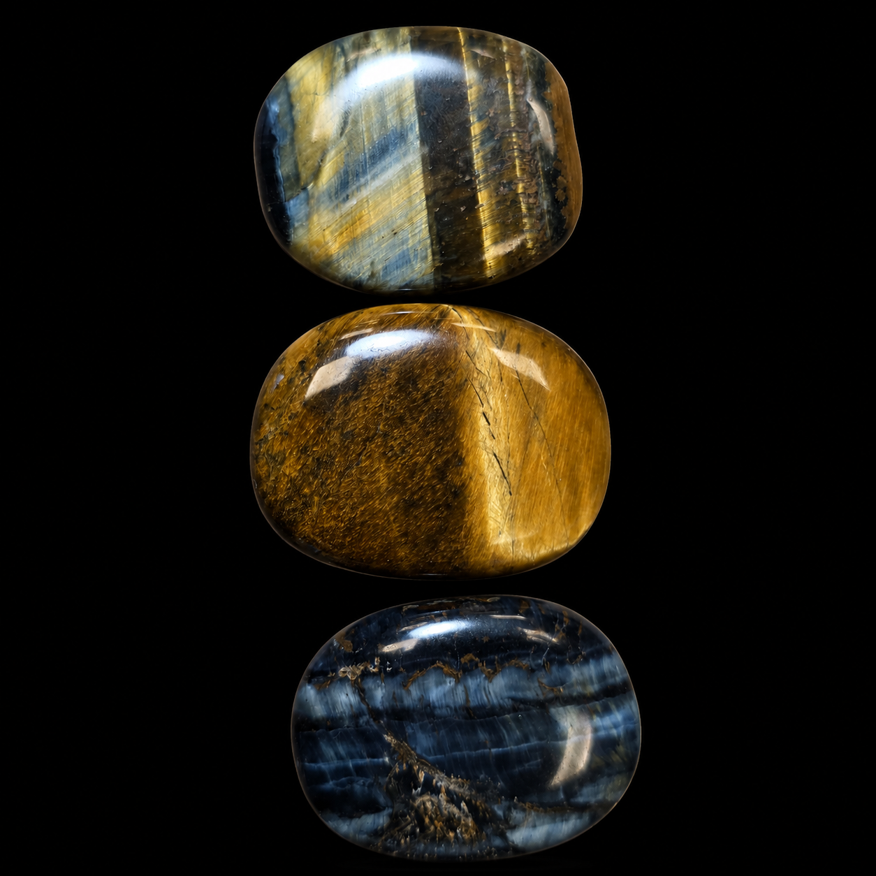 Polished Tiger’s Eye, Hawk’s Eye and mixed Tiger-Hawk Eye palm stones, top view showing golden brown and blue-grey chatoyancy on a black background