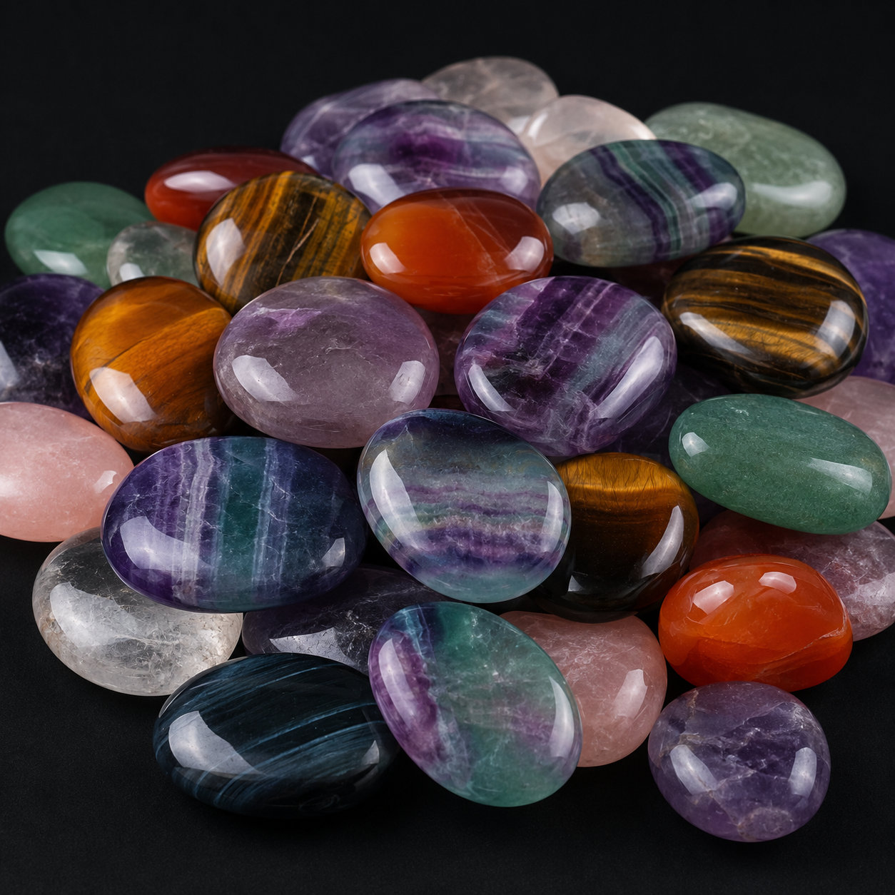 Mixed polished flat palm stones piled together, including fluorite, Tiger’s Eye, Hawk’s Eye, carnelian and amethyst, close-up view on a dark background