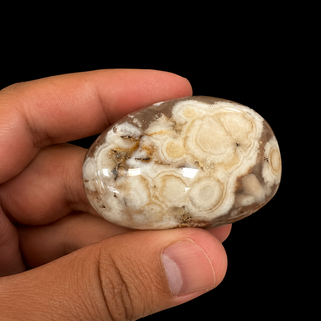 Small Flower Agate palm stone held in hand, showing polished beige-brown agate with natural cream floral inclusions.
