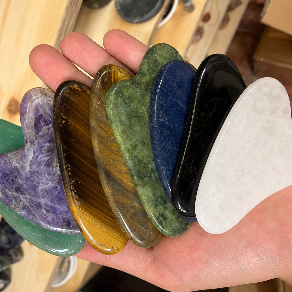 Hand holding assorted polished mineral Gua Sha tools, showing real size reference with white quartz, black obsidian, sodalite, green aventurine, tiger’s eye and amethyst