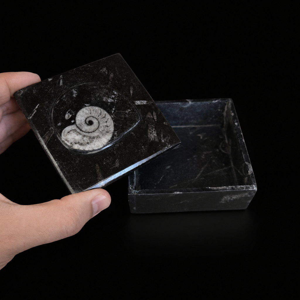 Open square fossil jasper jewellery box with lid held by hand showing the interior
