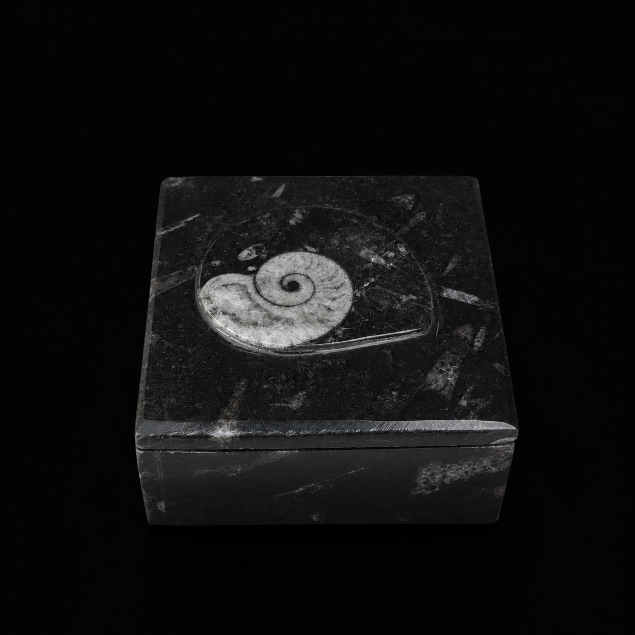 Top angled view of square fossil jasper jewellery box in hand showing ammonite fossil detail on the lid