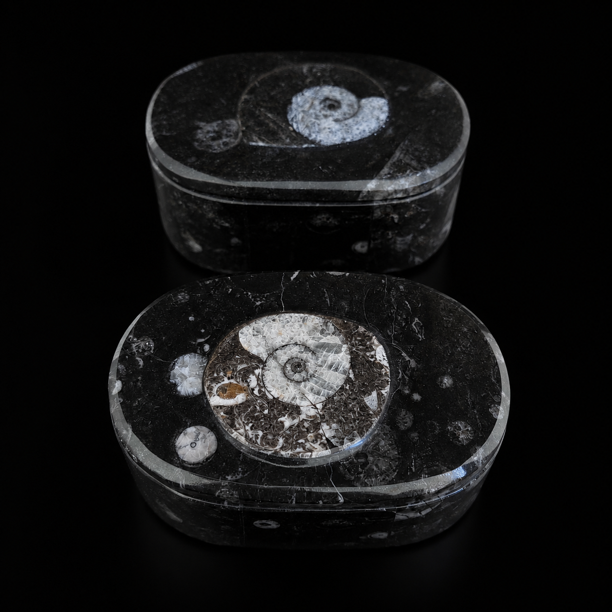Top view of oval fossil jasper jewellery boxes showing polished ammonite fossil patterns on dark stone