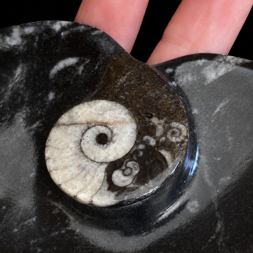 Close detail view of ammonite fossil on heart-shaped fossil jasper dish