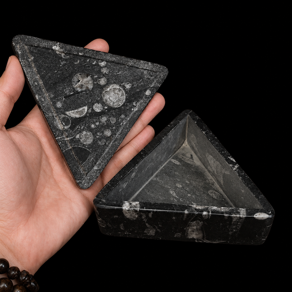 Open triangular fossil jasper jewellery box with lid held by hand for size reference