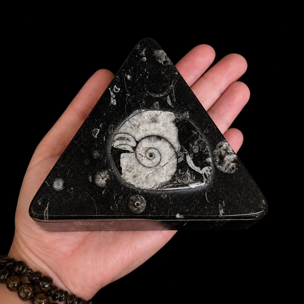 Top angled view of triangular fossil jasper jewellery box in hand showing ammonite fossil detail on the lid