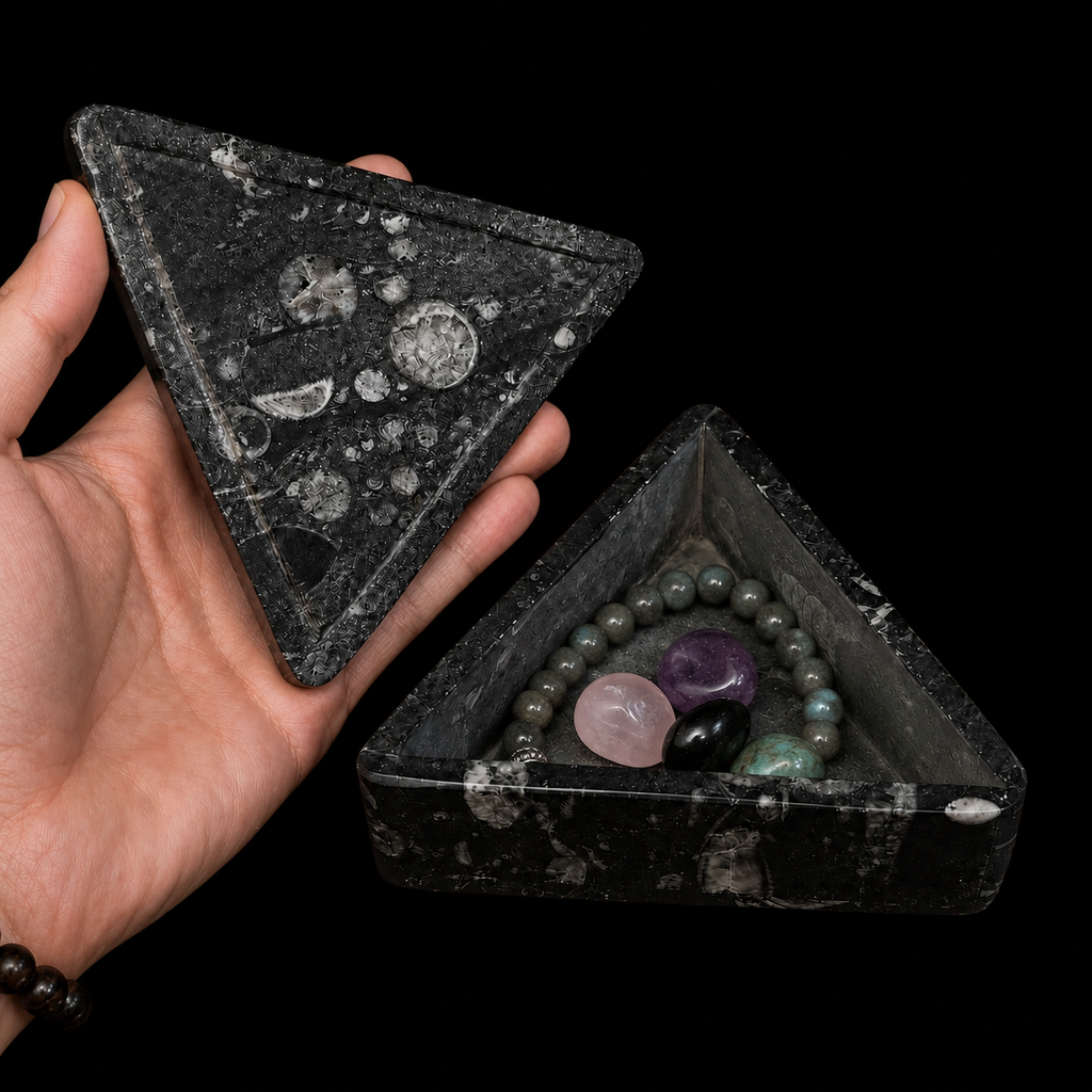 Open triangular fossil jasper jewellery box with beaded bracelet and polished mineral tumbles inside