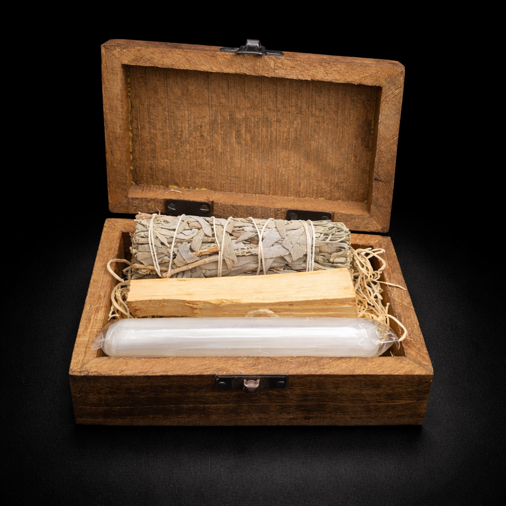 Energy Cleansing Kit (Ritual Box with Sage, Palo Santo, and Selenite) – Complete and Premium