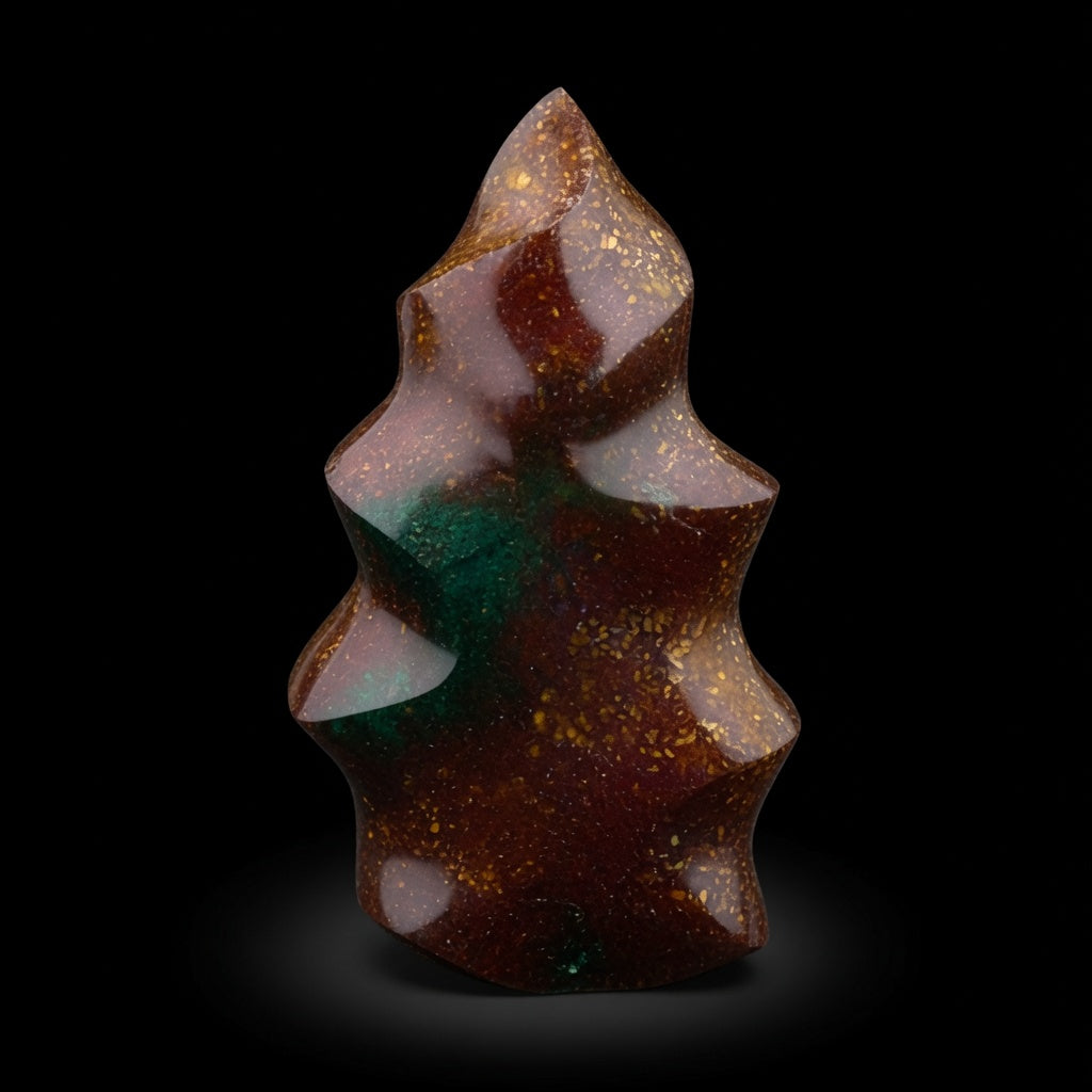 Ocean Jasper flame freeform specimen – front view showing orbicular green and red-brown patterns with golden speckles and high gloss polish | HeyMiner