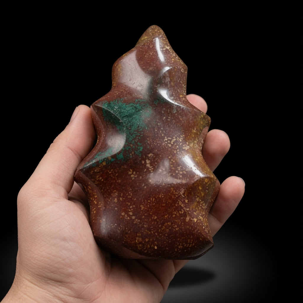 Ocean Jasper flame freeform held in hand – angled front/side view highlighting green orbicular inclusions and natural polish | HeyMiner