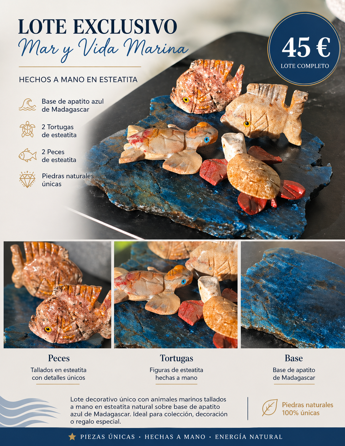 Spanish promotional poster for an apatite and steatite marine animal carving lot with two fish, two turtles and a blue Madagascar apatite base priced at 45 euros