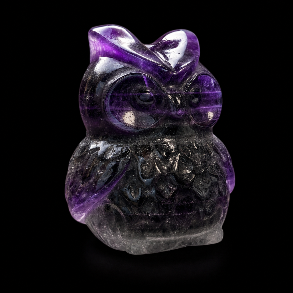 Angled side view of a polished purple fluorite owl carving showing carved eye detail, glossy surface and natural fluorite zoning