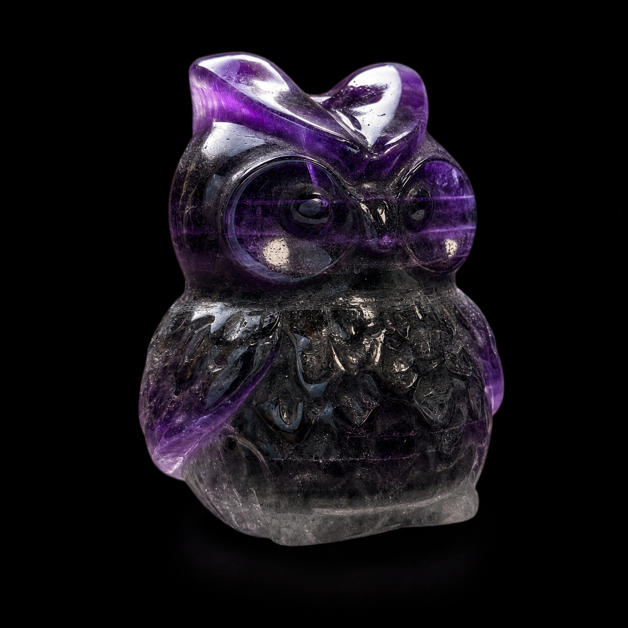 Angled side view of a polished purple fluorite owl carving showing carved eye detail, glossy surface and natural fluorite zoning