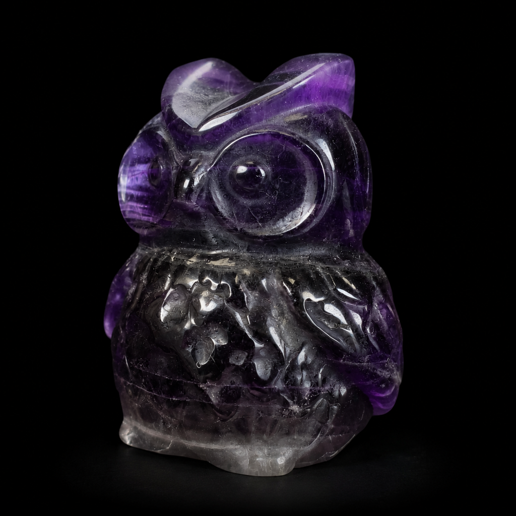 Opposite angled side view of a purple fluorite owl carving showing natural bands, polished surface and carved owl features