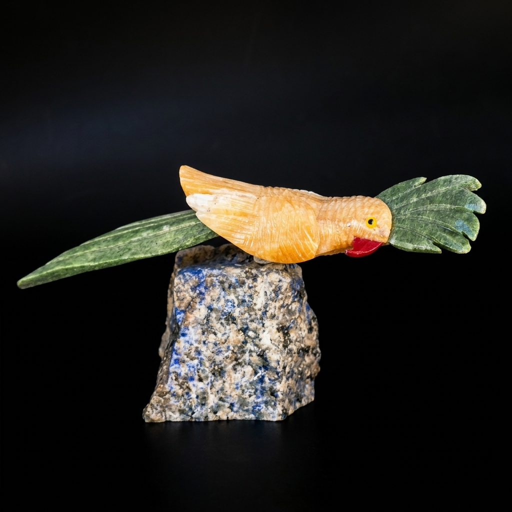 Pájaro Tallado a Mano de Calcita y Detalles en Jaspe, con Base de Lapislázuli - Pieza Única de Colección