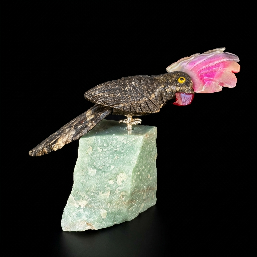 Pájaro Tallado en Jaspe y Ágata Rosa sobre Peana de Aventurina - Pieza Única de Colección