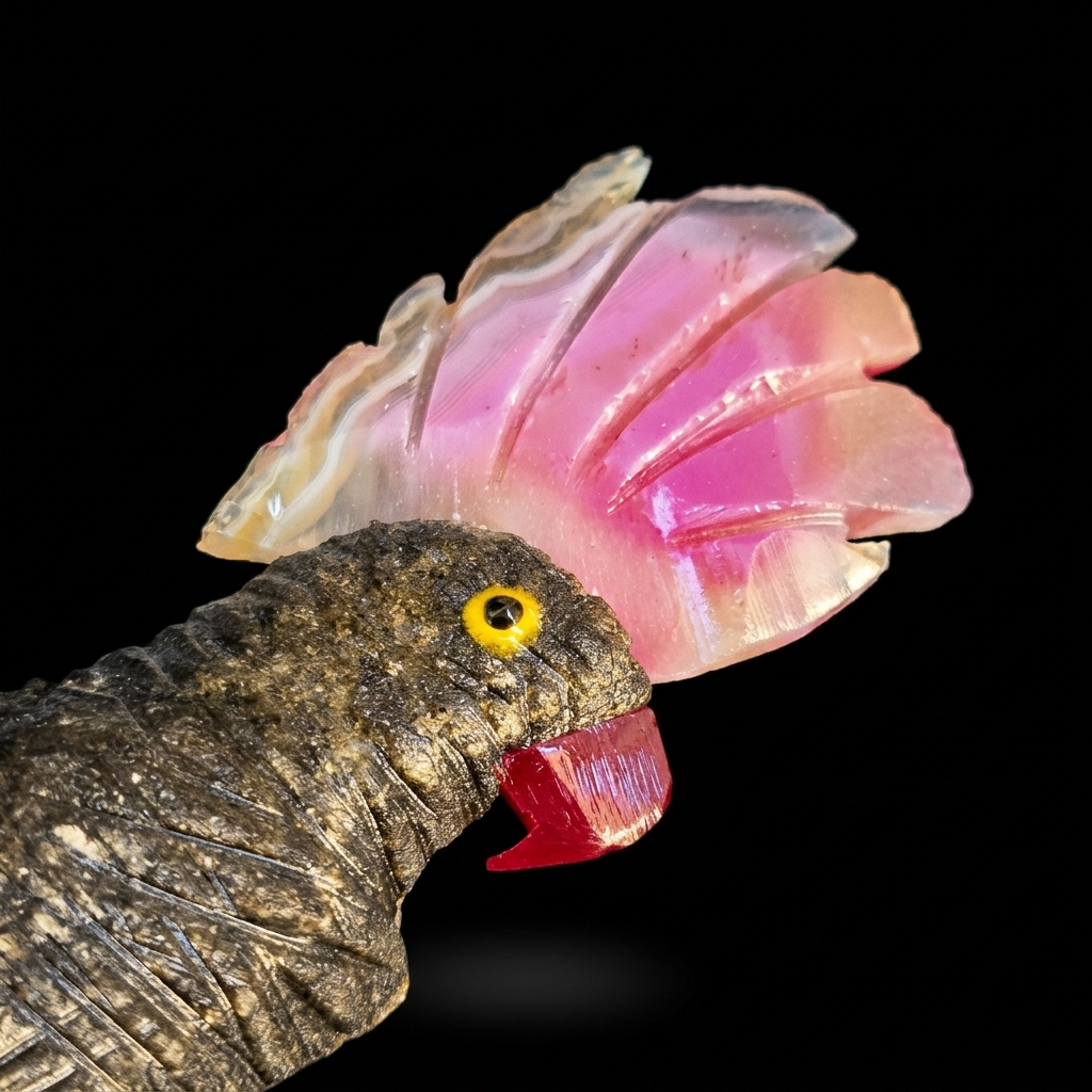 Pájaro Tallado en Jaspe y Ágata Rosa sobre Peana de Aventurina - Pieza Única de Colección