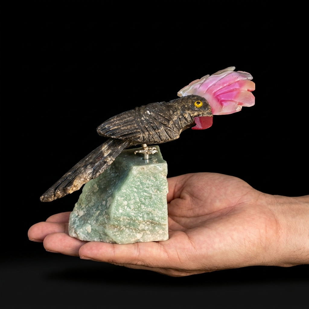 Pájaro Tallado en Jaspe y Ágata Rosa sobre Peana de Aventurina - Pieza Única de Colección