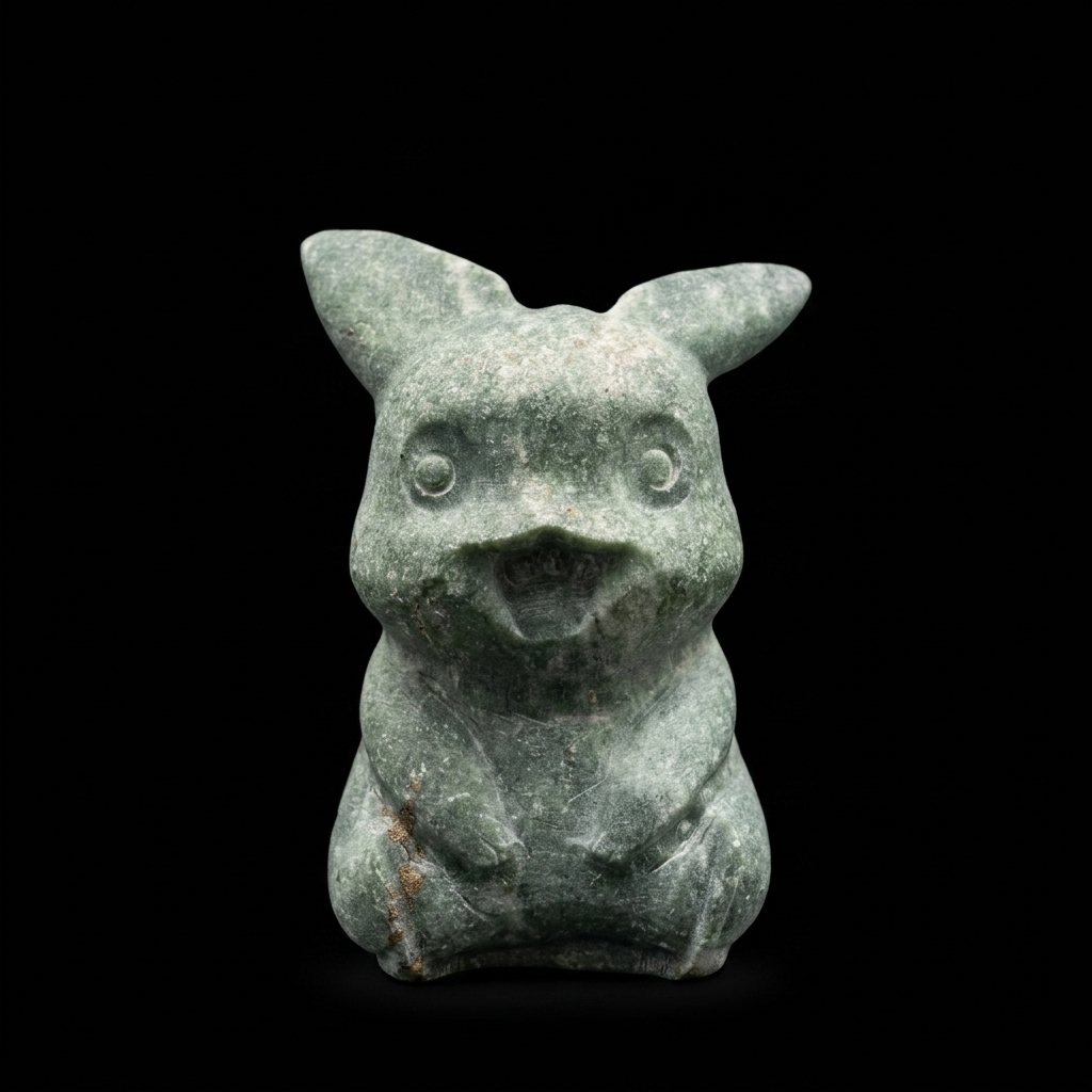 Front view of a unique 425g Green Jasper Pikachu carving with natural green tones, pale mineral flecks and earthy brown markings