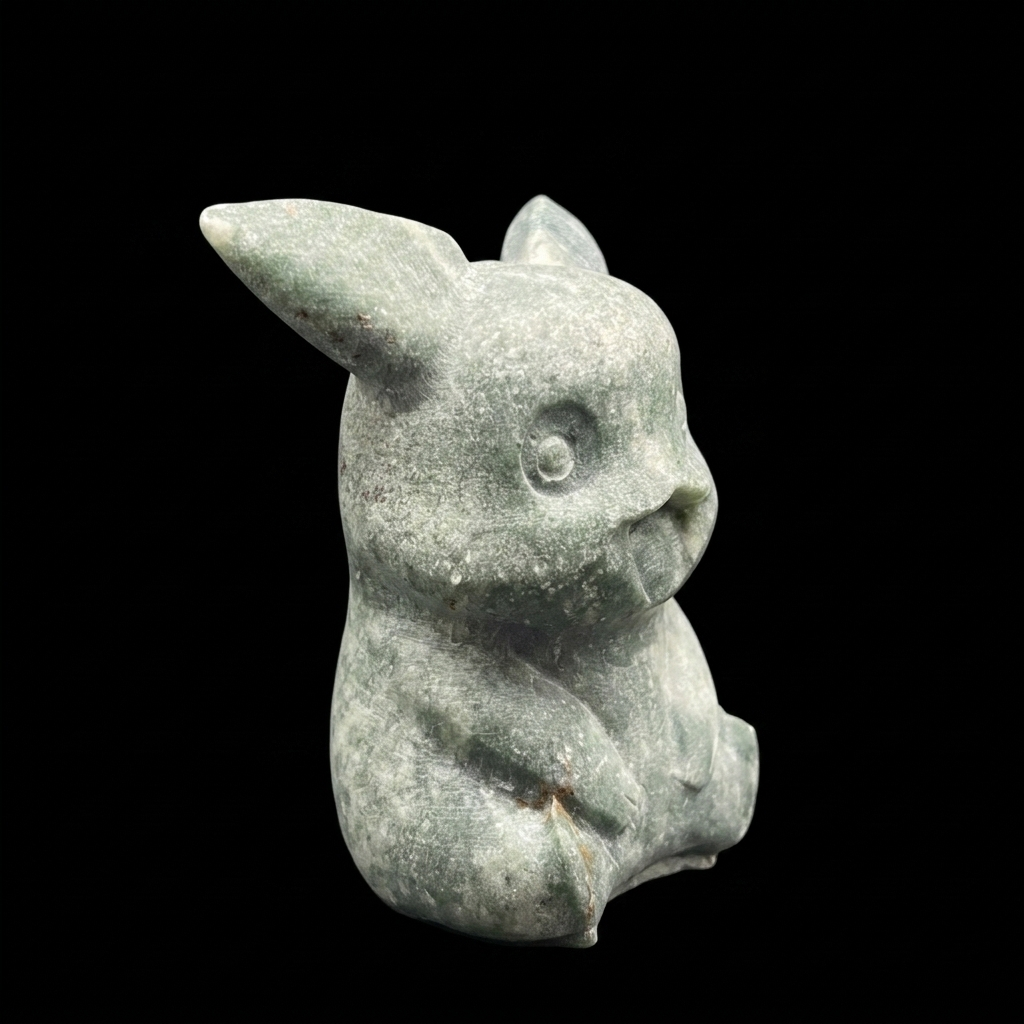 45-degree front view of a unique 425g Green Jasper Pikachu carving with natural green tones, pale mineral flecks and earthy surface markings