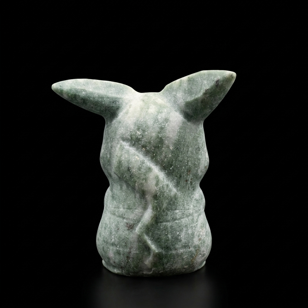 Back view of a unique 425g Green Jasper Pikachu carving showing the natural green stone surface, carved figure shape and mineral markings