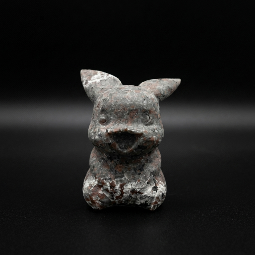 Front view of a unique Yooperlite Pikachu-inspired figure with speckled grey, black, reddish and pale natural mineral patterns