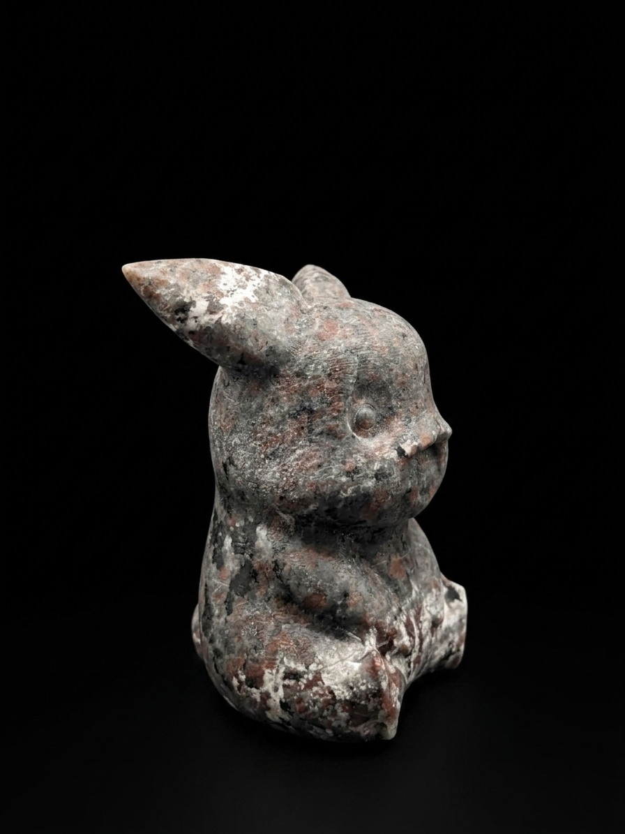 45-degree front view of a unique 415g Yooperlite Pikachu carving made from UV reactive stone with natural grey, black, reddish and pale speckled mineral patterns
