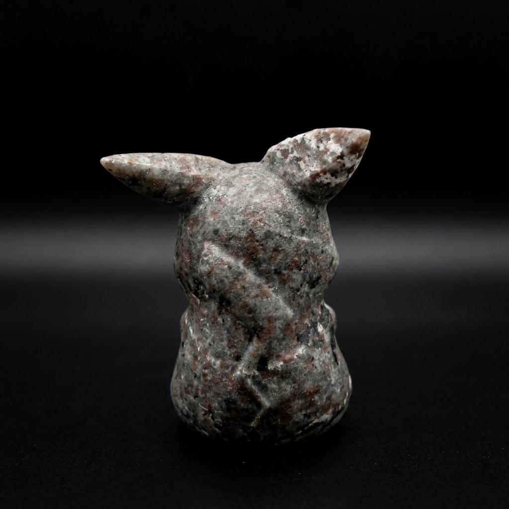 Back view of a unique 415g Yooperlite Pikachu carving showing the natural speckled Yooperlite surface and carved figure shape