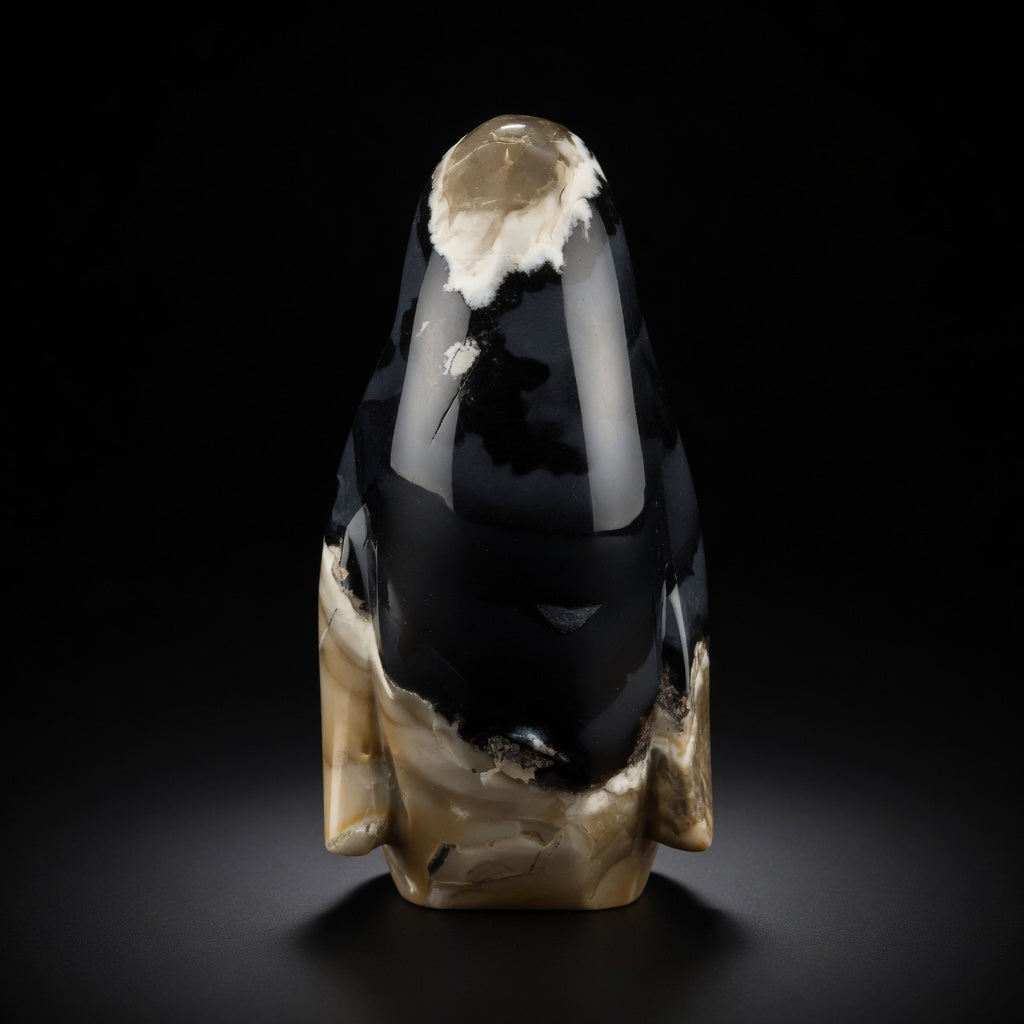 Back view of unique hand-carved moss agate UV-reactive penguin figurine showing the rear and top of the head with natural black, white and beige banding, exact 526g piece