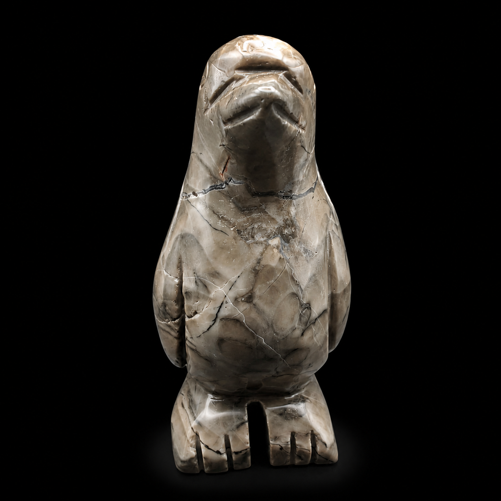 Front view of a UV reactive volcanic agate penguin carving, polished natural stone figure with smoky beige and dark veining, 549g unique piece