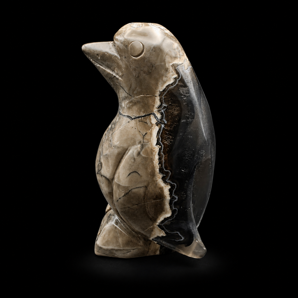 Side view of a UV reactive volcanic agate penguin carving showing dark banded back detail, polished natural mineral figure, 549g unique piece