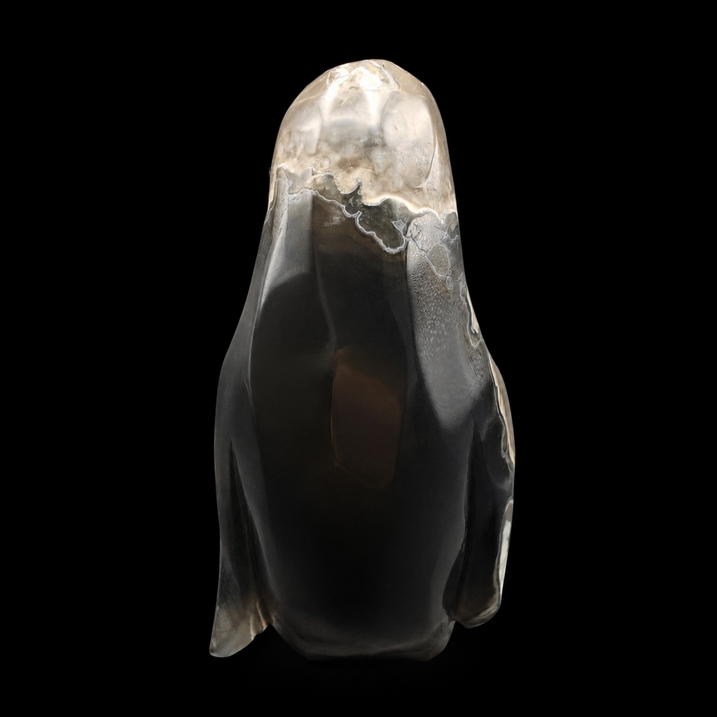 Back view of a UV reactive volcanic agate penguin carving showing the dark polished rear and natural banded mineral patterns, 549g unique piece