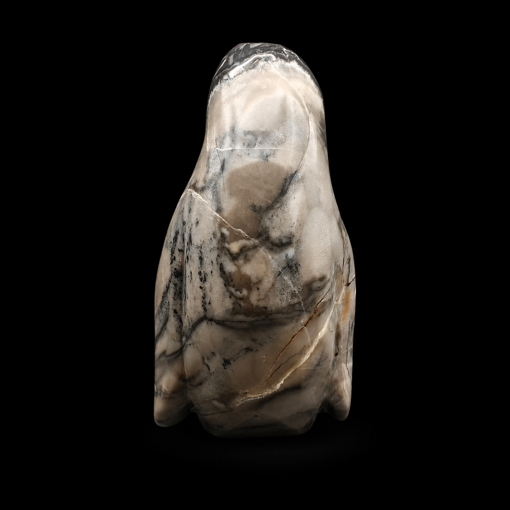 UV reactive volcanic agate penguin carving 533g back view with cream, smoky grey and black natural veining
