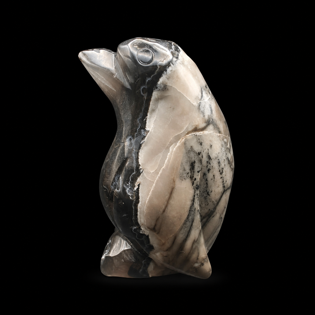 UV reactive volcanic agate penguin carving 533g side view showing cream marbling, dark veining and polished agate details