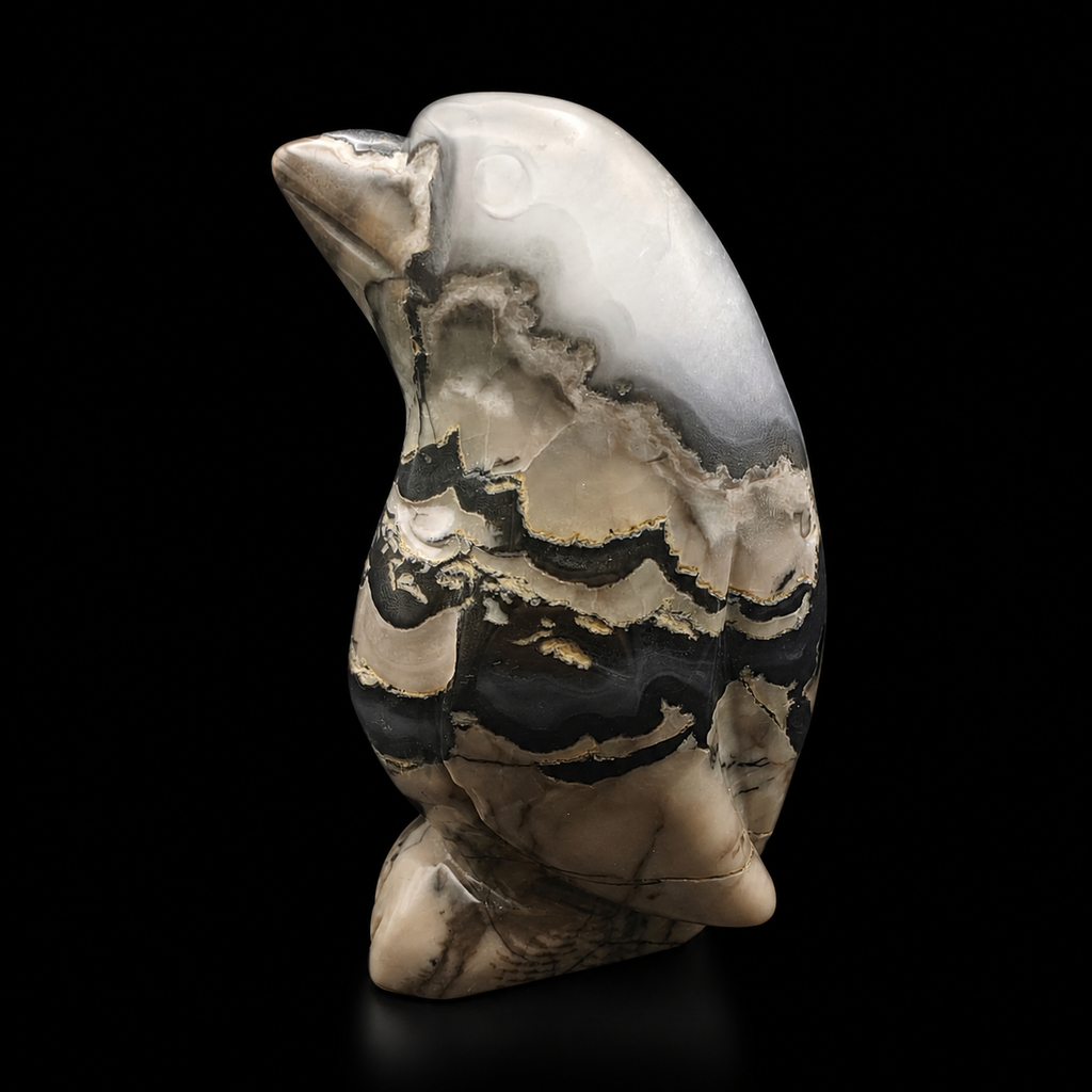 Volcanic Agate Penguin Carving – UV Reactive 476g Unique Piece | HeyMiner