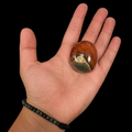 Small polychrome jasper palm stone held in hand, displaying vivid orange, cream and grey scenic patterns on a black background.