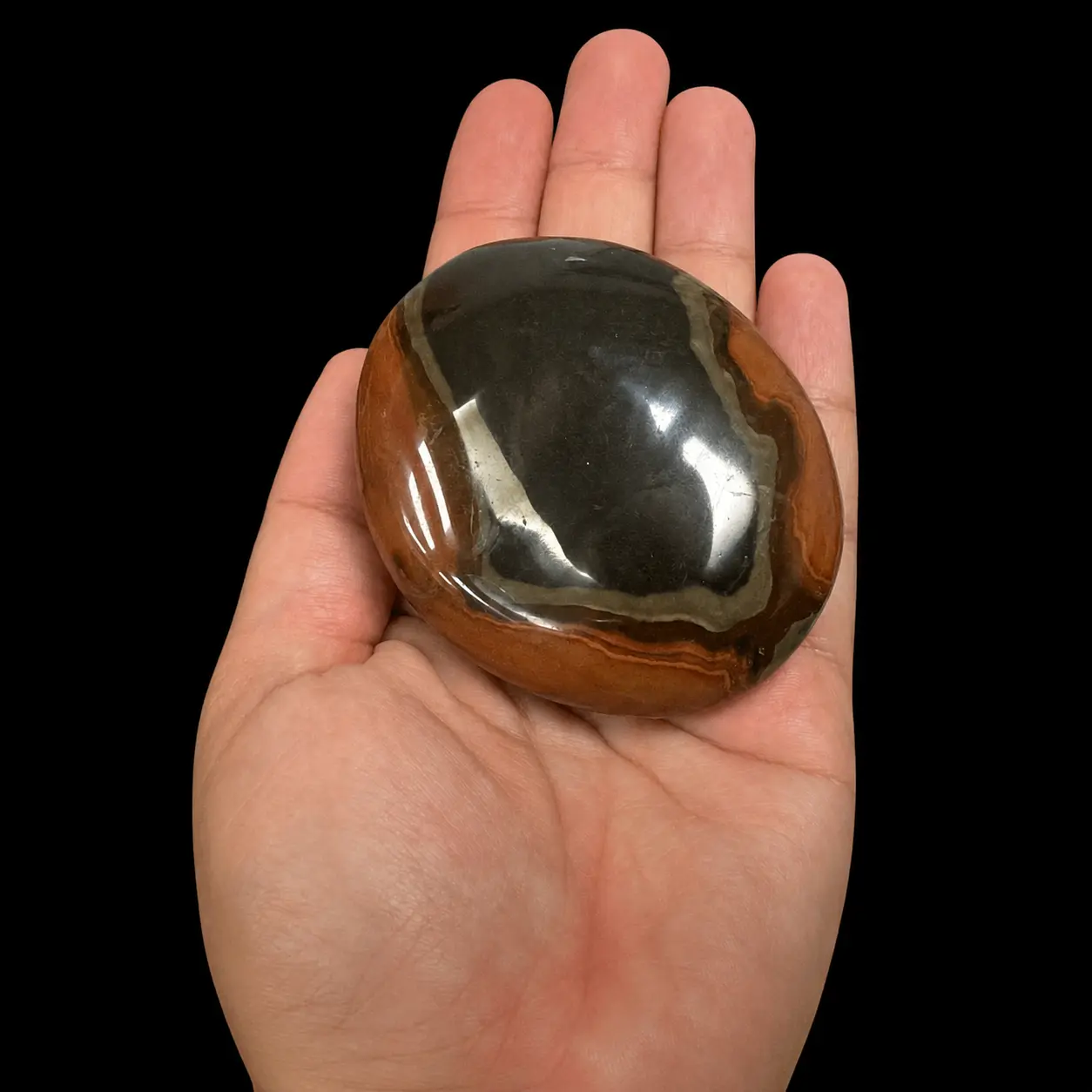 Large polychrome jasper palm stone held in hand, showing earthy brown, charcoal grey and rust-coloured banding on a black background.