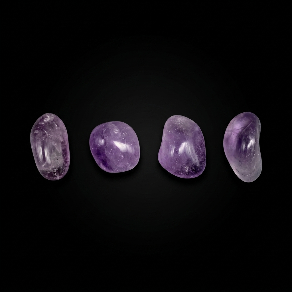 Smoothly polished small purple Amethyst tumble stones, demonstrating various shades of violet and translucent clarity, on a dark surface