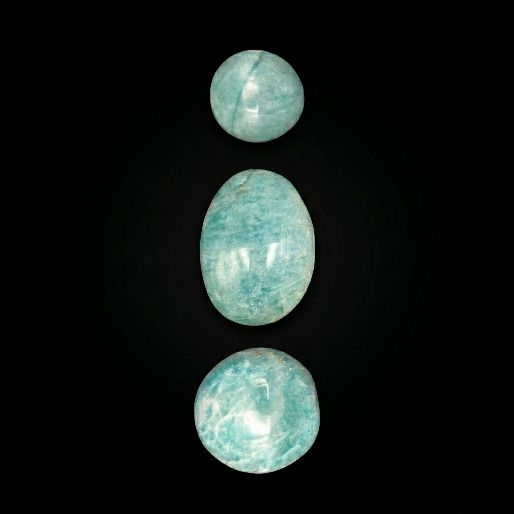Smooth, polished Amazonite tumble stones with characteristic natural turquoise and blue-green hues and unique crystalline inclusions, set against a dark background