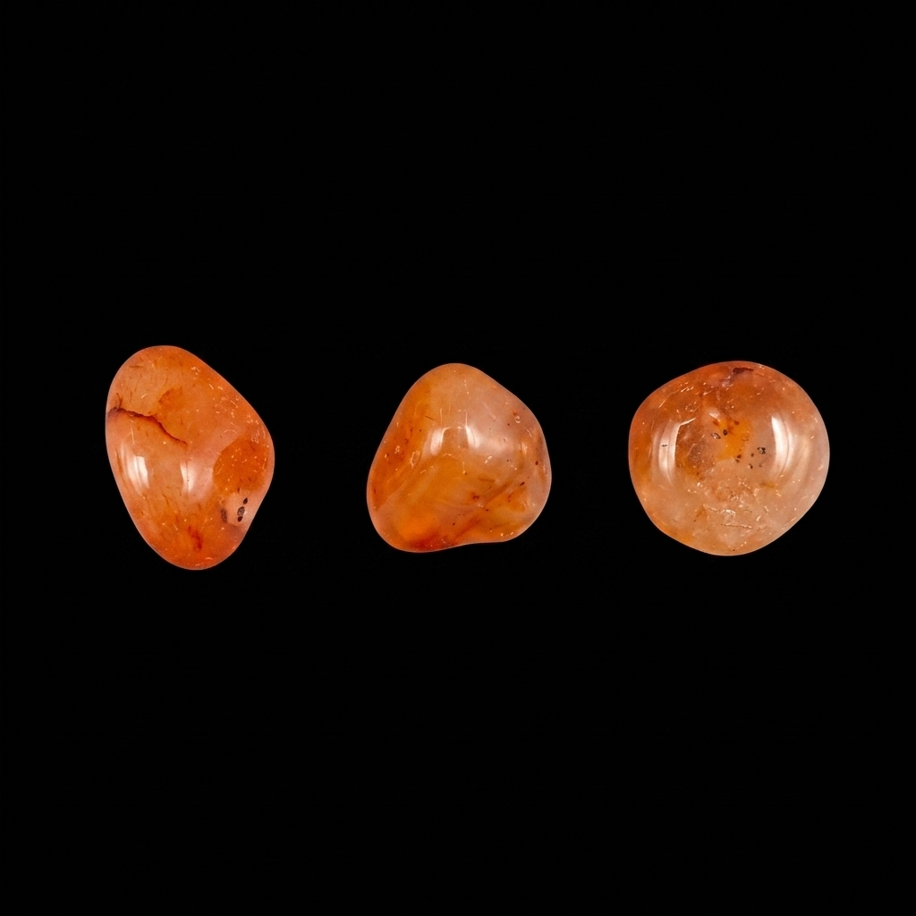 Smooth, polished Carnelian tumble stones displaying vibrant orange to reddish-brown hues and natural translucent clarity, set against a dark background