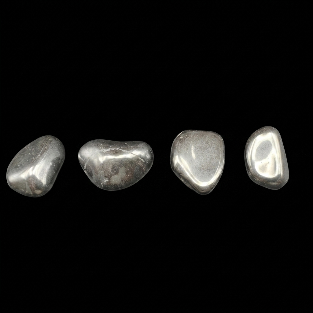 Polished Haematite tumble stones featuring a highly reflective metallic lustre and smooth surface, displayed against a dark background