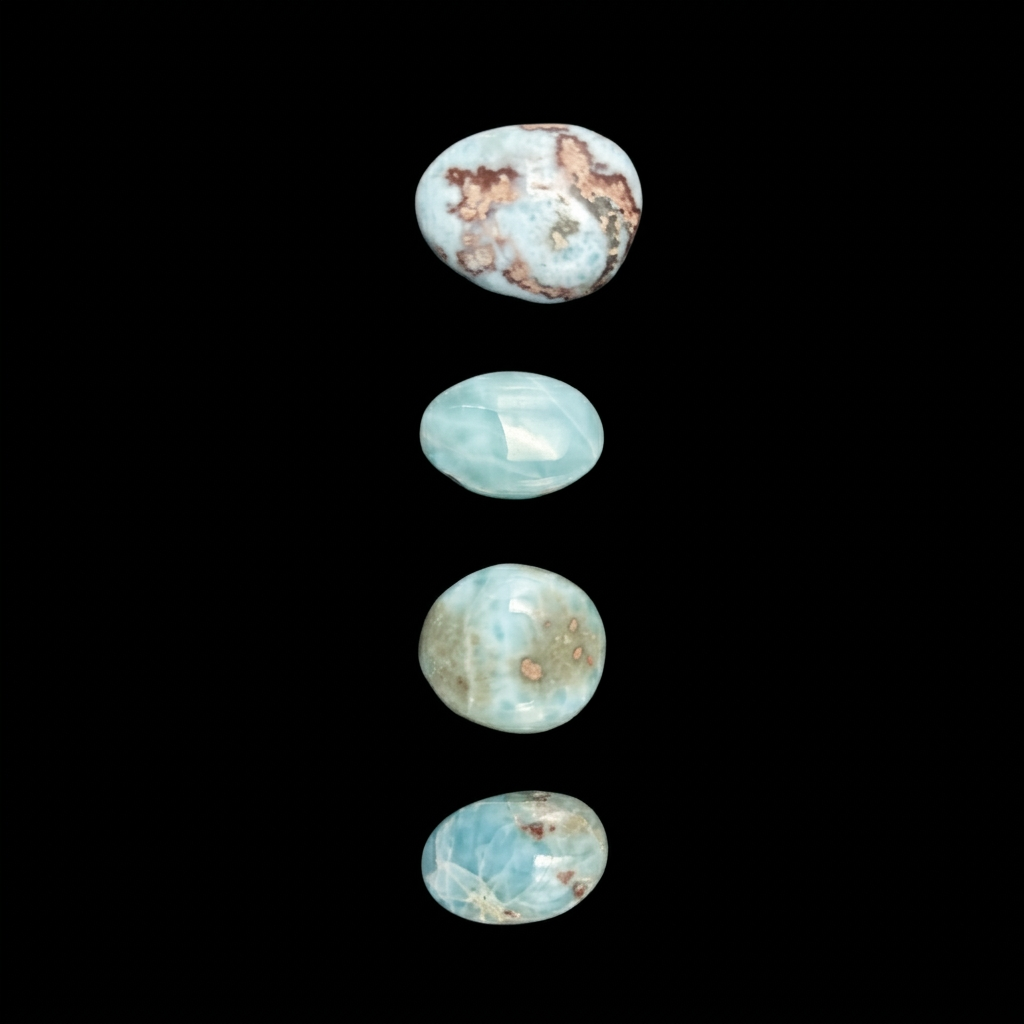 Polished Larimar tumble stones showcasing exquisite light blue and white swirling patterns, reminiscent of ocean waves, on a dark background