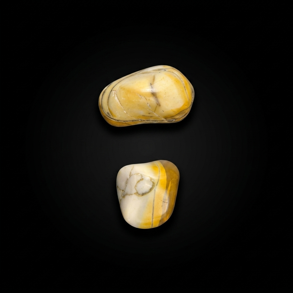 Distinct, smoothly polished small Yellow Mookaite jasper tumble stones from Australia, with natural yellow, cream, and red banding, on a dark surface