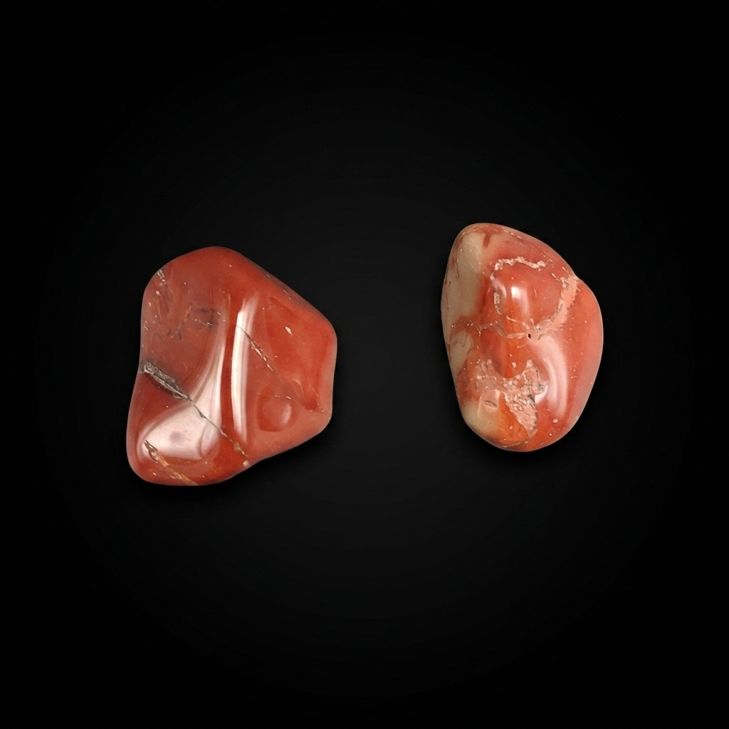 Smoothly polished small Red Mookaite jasper tumble stones from Australia, showing unique red and cream patterns, on a dark surface